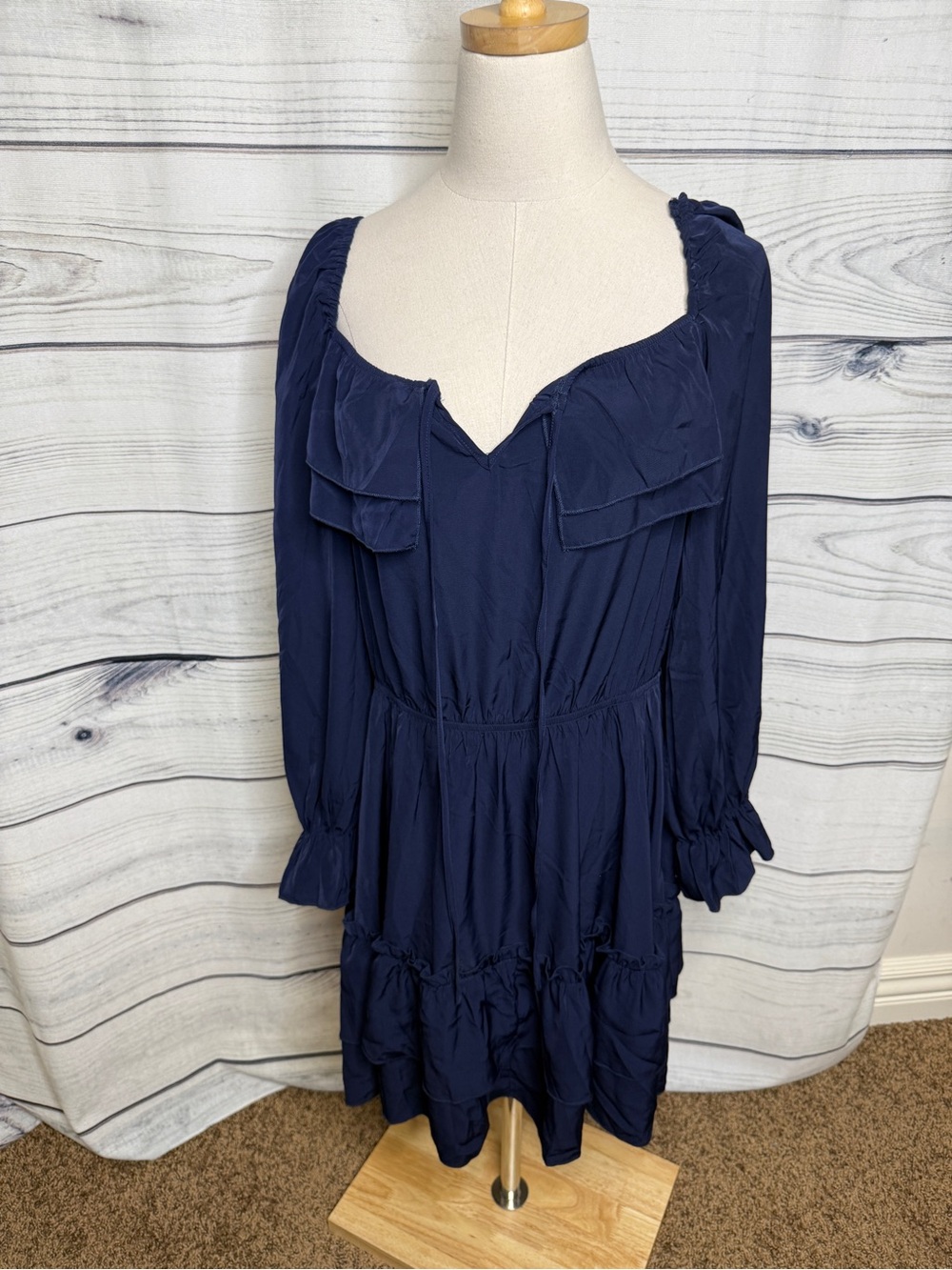Navy Long-Sleeve Ruffle Tiered Dress